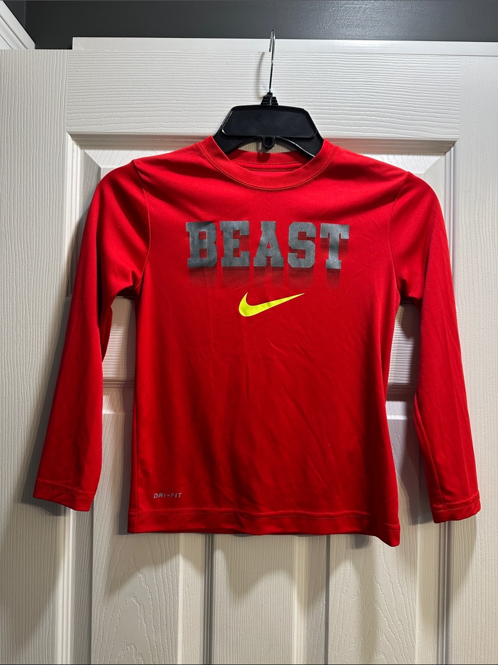 Nike Red Long Sleeve 'BEAST' Tee with Neon Yellow Swoosh